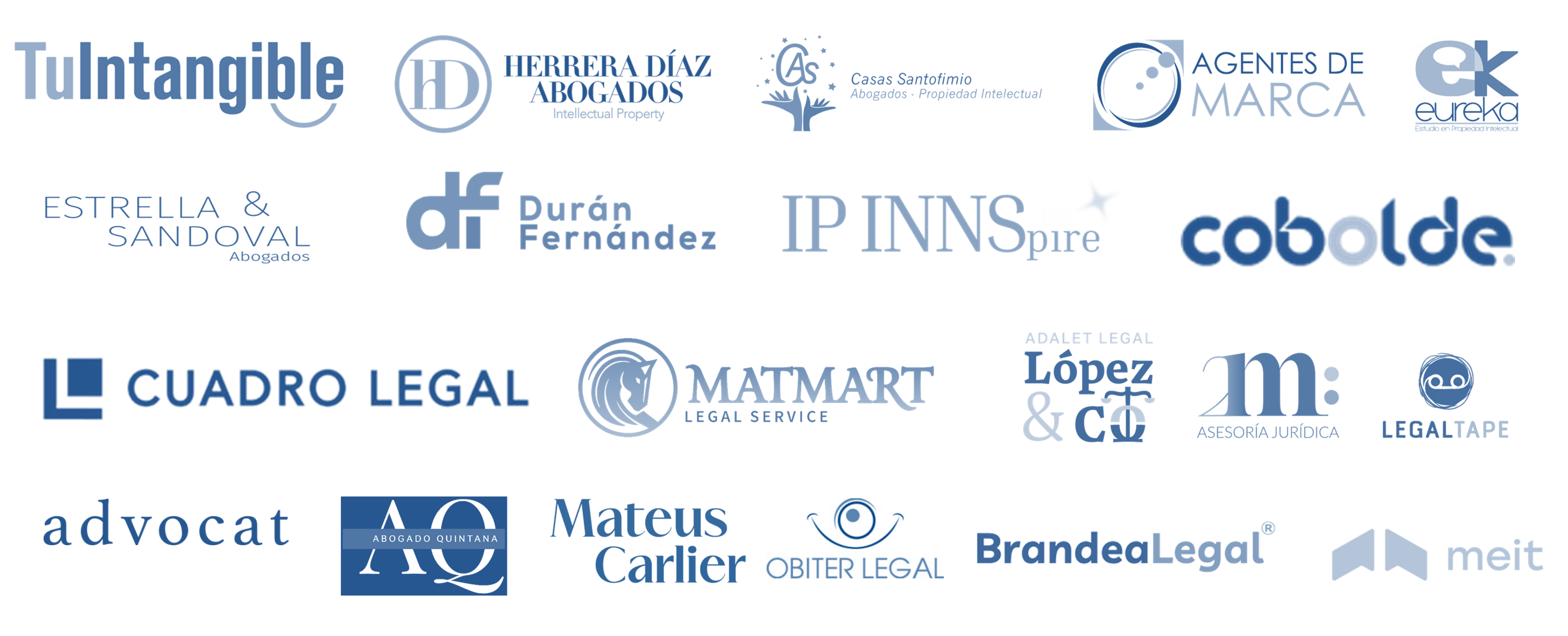 Logos de firmas clientes: TuIntangible, Herrera Díaz, Casas Santofimio, Agentes de Marca, Cobolde, Cuadro Legal, Adalet Legal, Vivanco & Vivanco, BrandeaLegal y otras